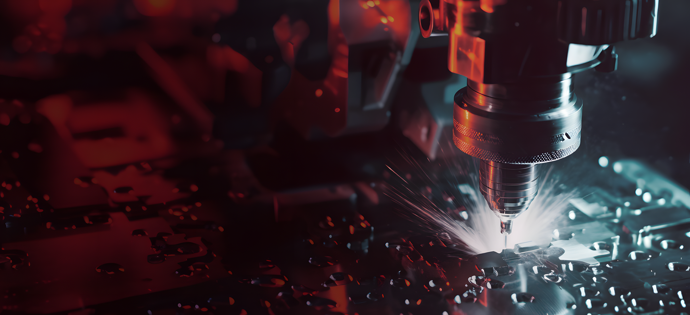 Hintergrundbild: Closeup einer CNC Fräse, cineastisch dargestellt